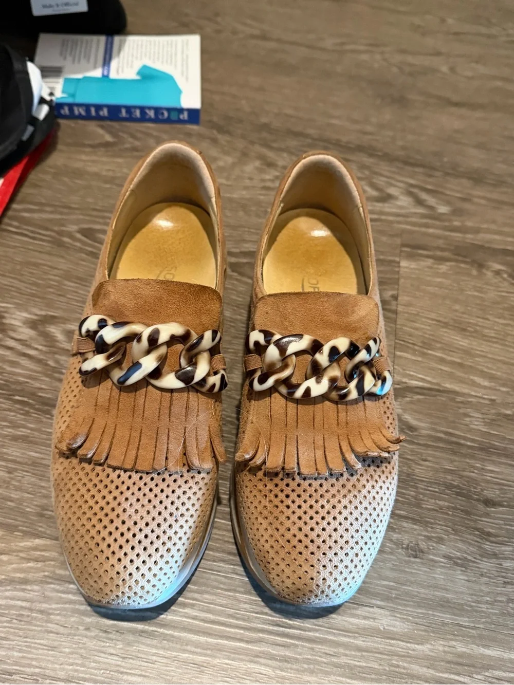 Suede Fringe Loafer with Tortoiseshell Chain - Tan
